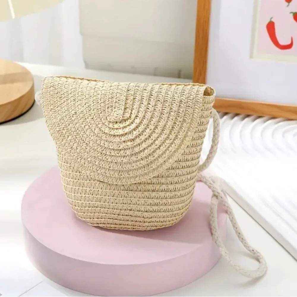 Girls Mint Green Half-Moon Woven Crossbody Purse | Cute Straw-Style Mini Bag